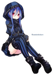 Rule 34 | 1girl, bad id, bad pixiv id, effole (fairy fencer f), ethel (fairy fencer f), fairy fencer f, hair between eyes, hood, hoodie, long hair, long sleeves, looking at viewer, sitting, solo, striped clothes, striped thighhighs, thigh strap, thighhighs, vertical-striped clothes, vertical-striped thighhighs, yamine kuro, zettai ryouiki