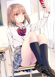 Rule 34 | 1girl, arm support, arm up, black footwear, blush, bow, bowtie, braid, brown eyes, brown hair, chair, chalkboard, classroom, collared shirt, commentary request, crossed ankles, curtains, day, dress shirt, dutch angle, highres, indoors, jikapanzuwari, knees up, kobayashi chisato, long sleeves, looking at phone, miniskirt, on chair, original, outstretched arm, panties, pantyshot, phone, plaid, plaid bow, plaid bowtie, plaid skirt, pleated skirt, red bow, red bowtie, school uniform, selfie, shirt, shirt tucked in, short hair, side braid, sidelocks, signature, sitting, skirt, solo, thighs, underwear, white panties, white shirt