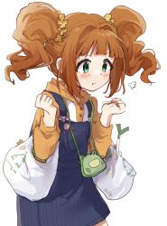 Rule 34 | 1girl, :t, puff of air, absurdres, badge, bag, blue skirt, blush, breasts, brown hair, button badge, clenched hands, closed mouth, cowboy shot, flower, green eyes, hair flower, hair ornament, hands up, highres, hood, hood down, hoodie, idolmaster, idolmaster (classic), idolmaster million live!, idolmaster million live! theater days, long hair, long sleeves, looking at another, nnnn, orange flower, orange hoodie, plastic bag, signature, simple background, skirt, small breasts, solo, spring onion, standing, suspender skirt, suspenders, takatsuki yayoi, twintails, v-shaped eyebrows, wallet, white background