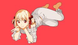 Rule 34 | 1girl, alternate costume, alternate hairstyle, barefoot, blonde hair, bow, closed mouth, dou (mame eee), full body, hair bow, head rest, highres, loungewear, lycoris recoil, lying, nishikigi chisato, on side, pants, red background, red eyes, shirt, short hair, simple background, smile, solo, toes, two side up, v, white pants, white shirt