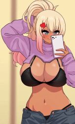 Rule 34 | 1girl, black bra, blonde hair, blue eyes, blurry, blurry background, blush, bra, breasts, cellphone, cleavage, closed mouth, dark-skinned female, dark skin, gyaru, hair ornament, heart, heart hair ornament, holding, holding cellphone, holding phone, huge breasts, ichii gou (the only shoe), indoors, long hair, multicolored hair, navel, original, phone, pink hair, ponytail, smile, solo, standing, the only shoe, underwear, zooming in