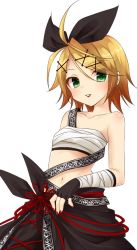 Rule 34 | 00s, 1girl, ahoge, alternate costume, alternate eye color, amane (amnk1213), bandages, bandages around chest, bare shoulders, black bow, blonde hair, bow, breasts, collarbone, flat chest, green eyes, hair bow, hair ornament, hairclip, half-closed eyes, iroha uta (vocaloid), japanese clothes, kagamine rin, lipstick, makeup, midriff, nail polish, navel, parted lips, project diva (series), red nails, sarashi, short hair, simple background, small breasts, smile, solo, vocaloid, white background