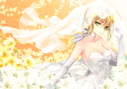 Rule 34 | 1girl, ahoge, alternate costume, artoria pendragon (all), artoria pendragon (fate), bare shoulders, blonde hair, bow, breasts, bridal veil, choker, cleavage, dress, elbow gloves, fate/stay night, fate (series), flower, gloves, green eyes, hachini, looking at viewer, orange background, saber (fate), solo, veil, wedding dress