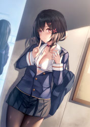 Rule 34 | 2girls, absurdres, bag, black choker, black legwear, black skirt, bow, bow bra, bra, breasts, brown hair, buttons, choker, cleavage, collarbone, finger to mouth, hair between eyes, hair ornament, hairclip, hallway, highres, liya, long sleeves, looking at viewer, medium breasts, multiple girls, open clothes, original, over shoulder, pantyhose, parted lips, pleated skirt, red bow, school bag, school uniform, short hair, shushing, skirt, solo focus, standing, unbuttoned, underwear, white bra