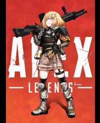 Rule 34 | 1girl, absurdres, alternate costume, apex legends, artist name, artpatient, assault rifle, black gloves, blonde hair, blue eyes, blush, boots, breasts, commentary, copyright name, explosive, full body, gloves, grenade, gun, hair ornament, highres, holding, holding gun, holding weapon, hololive, hololive english, knee pads, looking at viewer, over-kneehighs, over shoulder, plaid, plaid skirt, red background, rifle, shirt, short hair, skirt, smile, solo, standing, teeth, thighhighs, trigger discipline, virtual youtuber, watson amelia, weapon, weapon over shoulder