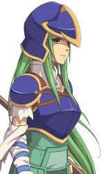 Rule 34 | 1girl, armor, blue armor, fire emblem, fire emblem: path of radiance, green eyes, green hair, helmet, holding, holding weapon, ibushi (oath), long hair, matching hair/eyes, nephenee, nintendo, pauldrons, shoulder armor, simple background, smile, solo, weapon, white background