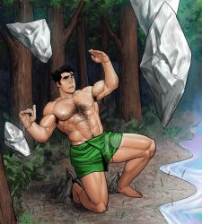 Rule 34 | 1boy, abs, armpit hair, avatar legends, bara, black hair, blake alexander, bolin, boxers, bulge, chest hair, flaccid, full body, green eyes, green male underwear, hairy, highres, large pectorals, leaning back, male focus, male underwear, muscular, muscular male, navel, navel hair, nipples, on one knee, paid reward available, pectorals, penis, penis peek, paid reward available, rock, short hair, solo, stomach, the legend of korra, thick eyebrows, thick thighs, thighs, tree, underwear, underwear only, water
