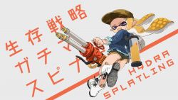 Rule 34 | 1girl, baseball cap, black shorts, blonde hair, blue sweater, boots, brown hat, camouflage, camouflage headwear, colored tongue, commentary request, cross-laced footwear, dolphin shorts, english text, fangs, from behind, grey background, gym shorts, hat, highres, holding, holding weapon, hydra splatling (splatoon), ink tank (splatoon), inkling, inkling girl, inkling player character, lace-up boots, leaning to the side, long sleeves, looking at viewer, looking back, nintendo, no legwear, pointy ears, purple eyes, running, shiohi, short shorts, shorts, solo, splatoon (series), splatoon 2, sweater, tentacle hair, translation request, v-shaped eyebrows, weapon, white footwear, yellow tongue