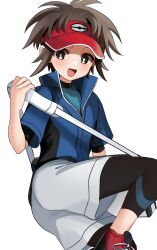 Rule 34 | 1boy, absurdres, bag, black leggings, brown eyes, brown hair, creatures (company), game freak, highres, holding, kayupon, leggings, looking at viewer, male focus, nate (pokemon), nintendo, open mouth, pokemon, pokemon bw2, shoes, shorts, simple background, solo, visor cap, white background, white shorts