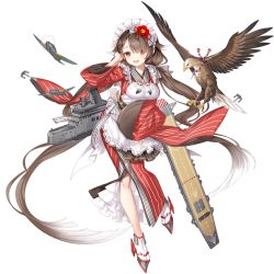 Rule 34 | 1girl, absurdly long hair, aircraft, apron, baizu (guszx), bird, black surge night, blush, breasts, brown hair, flight deck, frills, full body, hair flaps, hair ribbon, hawk, hiyou (black surge night), holding, holding tray, japanese clothes, large breasts, long hair, low twintails, maid, maid headdress, multicolored hair, official art, open mouth, red eyes, ribbon, rigging, striped ribbon, transparent background, tray, twintails, very long hair, wa maid, white apron, white hair, wide sleeves