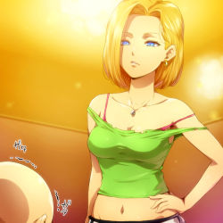 Rule 34 | 1boy, 1girl, android 18, armpits, bald, bare shoulders, blonde hair, blue eyes, bob cut, bra, bra strap, breasts, cleavage, collarbone, dragon ball, dragonball z, earrings, green tank top, hairu, half-closed eyes, hand on own hip, hip focus, hoop earrings, husband and wife, indoors, jewelry, kuririn, looking at another, medium breasts, medium hair, midriff, navel, necklace, off shoulder, parted lips, ring, scared, short hair, simple background, sleeveless, sound effects, standing, strap slip, tank top, teeth, text focus, torn clothes, translated, underwear, upper body