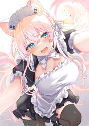 Rule 34 | 1girl, absurdres, animal ears, apron, black dress, black thighhighs, blue eyes, braid, breasts, cat ears, cat girl, cleavage, cleavage cutout, clothing cutout, dress, fang, highres, hina kurisu, large breasts, long hair, looking at viewer, maid apron, maid headdress, open mouth, pink hair, reaching, reaching towards viewer, ribbon, shoes, short sleeves, skin fang, smile, solo, teltelhousi, thighhighs, unreal night girls, virtual youtuber, white ribbon