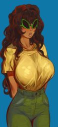 Rule 34 | 1girl, absurdres, big hair, blue background, blush, breasts, brown hair, copyright request, cowboy shot, denim, green-framed eyewear, green pants, highres, jeans, large breasts, long hair, mossacannibalis, pants, parted lips, shirt, simple background, solo, standing, sunglasses, yellow shirt