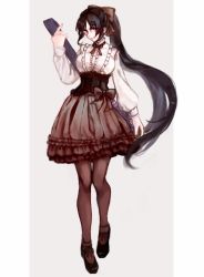 Rule 34 | 1girl, artist request, black footwear, black hair, blouse, bow, breasts, brown pantyhose, center frills, commentary, corset, dress, frills, full body, grey background, hair bow, highres, large breasts, legs together, long hair, long sleeves, looking at viewer, neck ribbon, noihara himari, omamori himari, pale skin, pantyhose, ponytail, puffy long sleeves, puffy sleeves, ribbon, shirt, shoes, simple background, smile, solo, standing, symbol-only commentary, very long hair, white shirt