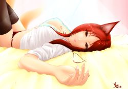 Rule 34 | 1girl, ahri (league of legends), alternate color, alternate costume, alternate hair color, animal ears, backlighting, bed, bed sheet, black thighhighs, breast tattoo, breasts, cleavage, cowboy shot, dated, female focus, fox ears, fox tail, foxfire ahri, from side, heart, highres, indoors, large breasts, league of legends, legs up, long hair, looking at viewer, lying, mozilla firefox, multiple tails, no bra, o-ring, o-ring bottom, on back, on bed, open clothes, open shirt, orange eyes, panties, parted lips, red hair, red panties, ryu seung, shirt, signature, solo, string panties, tail, tattoo, thighhighs, underwear
