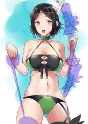 Rule 34 | 1girl, ameno (a meno0), arrow (projectile), bare shoulders, bikini, black hair, blue eyes, blush, bow (weapon), breasts, circlet, cleavage, feathers, fire emblem, fire emblem awakening, fire emblem heroes, holding, holding arrow, holding bow (weapon), holding weapon, large breasts, looking at viewer, navel, nintendo, noire (fire emblem), open mouth, partially colored, short hair, solo, standing, swimsuit, weapon