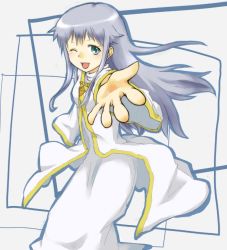 Rule 34 | 1girl, ;d, female focus, green eyes, habit, index (toaru majutsu no index), long hair, nun, one eye closed, open mouth, outstretched hand, safety pin, silver hair, smile, solo, toaru majutsu no index, wink, yu yun