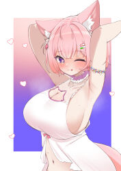Rule 34 | 1girl, ;p, animal cutout, animal ear fluff, animal ears, antenna hair, areola slip, armlet, armpits, arms up, blush, bow, braid, breasts, choker, cleavage, closed mouth, commentary request, frilled choker, frills, gradient background, hair bow, hair ornament, hakui koyori, hakui koyori (summer), heart, heart in eye, highres, hololive, huge breasts, kani bonara, large breasts, looking at viewer, medium hair, multicolored background, navel, one eye closed, pink background, pink bow, pink choker, pink eyes, pink hair, purple background, purple eyes, smile, solo, stomach, sweat, symbol in eye, tail, tongue, tongue out, two-tone choker, virtual youtuber, white background, white choker, wolf cutout, wolf ears, wolf girl, wolf tail
