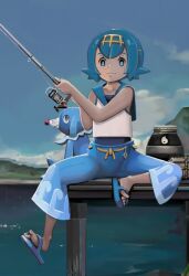 Rule 34 | 1girl, alice (aries), blue eyes, blue hair, blue pants, blue sailor collar, bright pupils, cloud, creatures (company), day, fishing, fishing rod, flip-flops, food, freckles, game freak, gen 7 pokemon, highres, holding, holding fishing rod, lana (pokemon), nintendo, no sclera, one-piece swimsuit, outdoors, pants, pokemon, pokemon (anime), pokemon (creature), pokemon sm (anime), popplio, sailor collar, sandals, shirt, short hair, sitting, sky, sleeveless, sleeveless shirt, swimsuit, swimsuit under clothes, wave print, white pupils, white shirt
