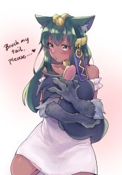 Rule 34 | 1girl, animal ears, animal hands, anubis (monster girl encyclopedia), bare shoulders, blush, brush, commission, dress, ears down, english text, green eyes, green hair, hair ornament, heart, holding, holding brush, long hair, looking at viewer, maguko, monster girl, monster girl encyclopedia, parted lips, pink background, sitting, snake hair ornament, solo, tail, white dress, wolf ears, wolf tail