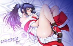 Rule 34 | 10s, 1girl, 2015, absurdres, bed sheet, black hair, blush, breasts, cosplay, embarrassed, feet, happy new year, highres, hyuuga hinata, large breasts, long hair, looking at viewer, lying, naruto, naruto (series), new year, on side, pelvic curtain, ponytail, purple eyes, shiranui mai, shiranui mai (cosplay), socks, solo, sweat, the king of fighters, toe scrunch, yama-michi