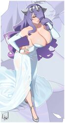 Rule 34 | 1girl, backless dress, backless outfit, breasts, bridal gauntlets, camilla (fire emblem), cleavage, crown, dress, elbow gloves, fire emblem, fire emblem fates, gloves, hair over eyes, hair over one eye, hand in own hair, hand on own hip, highres, jewelry, l4wless, large breasts, light smile, lips, long dress, long hair, nintendo, parted lips, purple eyes, purple hair, ring, silver footwear, silver tiara, slippers, smile, tiara, white dress, white gloves