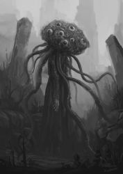 Rule 34 | 1other, arm at side, artist name, bloodborne, brain, cloak, copyright name, doll joints, extra eyes, from side, greyscale, highres, joints, long sleeves, monochrome, outdoors, solo, standing, tentacles, tripdancer, winter lantern