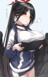 Rule 34 | 1girl, absurdres, bike shorts, black choker, black hair, black wings, blue archive, blush, breast press, breasts, breath, choker, clipboard, feathered wings, gradient background, grey background, gym uniform, hair ribbon, halo, hasumi (blue archive), hasumi (track) (blue archive), heavy breathing, highres, holding, jacket, kiritto, large breasts, large wings, long hair, mole, mole under eye, official alternate costume, ponytail, red eyes, ribbon, shorts, solo, tail, track jacket, very long hair, wings, zipper, zipper pull tab