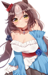 Rule 34 | 1girl, absurdres, animal ears, arms at sides, blush, breasts, brown eyes, brown hair, cleavage, closed mouth, collarbone, commentary, detached sleeves, flower, hair between eyes, hair ornament, highres, horse ears, horse girl, kaoru (h8qm9), long hair, looking at viewer, low twintails, medium breasts, simple background, smile, solo, thighhighs, twintails, umamusume, white background, yamanin zephyr (umamusume)