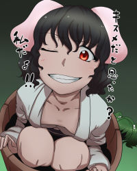 Rule 34 | 1girl, animal ears, bakuya, black hair, bucket, cosplay, face, female focus, flat chest, grin, highres, in bucket, in container, inaba tewi, kisume, kisume (cosplay), meme, one eye closed, rabbit ears, red eyes, short hair, smile, solo, too bad! it was just me! (meme), touhou, translated, wig, wink