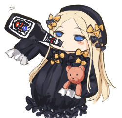 Rule 34 | 1girl, abigail williams (fate), asle, black bow, black dress, black hat, blonde hair, blue eyes, bottle, bow, bug, butterfly, commentary request, dress, drinking, fate/grand order, fate (series), hair bow, hands in opposite sleeves, hat, holding, holding bottle, hugging object, insect, long hair, long sleeves, looking at viewer, looking away, orange bow, parted bangs, polka dot, polka dot bow, simple background, solo, stuffed animal, stuffed toy, teddy bear, very long hair, white background