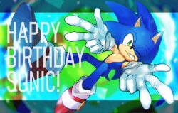 Rule 34 | 1boy, animal ears, animal nose, commentary request, full body, furry, furry male, gloves, green eyes, grin, happy birthday, highres, looking at viewer, male focus, one eye closed, red footwear, shichi shichi07, shoes, smile, solo, sonic (series), sonic the hedgehog, tail, white gloves