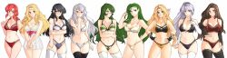Rule 34 | absurdres, altena (fire emblem), alternate costume, angry, annand (fire emblem), ayra (fire emblem), bandana, bare shoulders, bikini, black bikini, black bra, black gloves, black hair, black panties, blonde hair, blush, bra, breasts, bridal gauntlets, brigid (fire emblem), brown eyes, brown hair, circlet, cleavage, clenched hand, collarbone, commentary request, cowboy shot, deirdre (fire emblem), edain (fire emblem), elbow gloves, embarrassed, erinys (fire emblem), ethlyn (fire emblem), fingerless gloves, fire emblem, fire emblem: genealogy of the holy war, fire emblem: thracia 776, gloves, gluteal fold, green eyes, green hair, grey hair, hand on own hip, hand on own chest, hands on own hips, headband, highres, ishtar (fire emblem), jewelry, large breasts, light purple hair, lingerie, long hair, looking at viewer, looking to the side, medium breasts, medium hair, midriff, mother and daughter, multiple girls, navel, nintendo, own hands together, panties, ponytail, purple eyes, purple hair, red bra, red eyes, red hair, red panties, see-through, siblings, simple background, smile, standing, stomach, swimsuit, thighhighs, thighs, tridisart, twins, two-tone bikini, underwear, very long hair, wavy hair, white background, white bra, white negligee, white panties, yellow bikini, zettai ryouiki