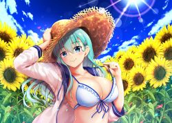 Rule 34 | 10s, 1girl, akizuki akina, alternate costume, alternate eye color, bikini, blue bikini, blue eyes, blush, breasts, collarbone, day, flower, front-tie bikini top, front-tie top, hair between eyes, hair ornament, hairclip, hand on headwear, hat, kantai collection, large breasts, long sleeves, looking at viewer, open clothes, open shirt, outdoors, school uniform, serafuku, shirt, sideboob, smile, solo, strap pull, straw hat, sun, sun hat, sunflower, sunlight, suzuya (kancolle), swimsuit, upper body, white shirt