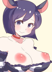 Rule 34 | 1girl, absurdres, animal ears, bare shoulders, blush, breasts, breasts out, collar, highres, inverted nipples, large breasts, looking at viewer, nipples, purple eyes, purple hair, shiny skin, short hair, simple background, solo, upper body