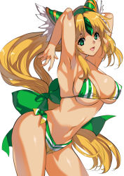 Rule 34 | 1girl, :d, armpits, arms up, bikini, blonde hair, bow, breasts, cleavage, forehead jewel, gem, green bow, green eyes, green gemstone, green hat, hair bow, hat, highres, large bow, large breasts, leaning forward, long hair, looking at viewer, low-tied long hair, multicolored bikini, multicolored clothes, navel, open mouth, riesz, seiken densetsu, seiken densetsu 3, simple background, skindentation, smile, solo, stomach, strap gap, striped bikini, striped clothes, swimsuit, tamiya akito, thighs, very long hair, white background