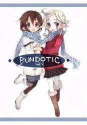 Rule 34 | 2girls, black legwear, blue scarf, boots, elf, holding hands, interlocked fingers, multiple girls, original, pantyhose, plaid, plaid skirt, pointy ears, scarf, shared clothes, shared scarf, skirt, striped clothes, striped scarf, white legwear