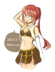 Rule 34 | 1girl, acheru maru, adapted costume, arch bishop (ragnarok online), bikini, bikini skirt, blue eyes, blush, breasts, brown bikini, cleavage, commentary request, cowboy shot, cross, dated, expressionless, long hair, looking at viewer, midriff, navel, open mouth, ponytail, ragnarok online, red hair, simple background, solo, swimsuit, vest, white background, white vest