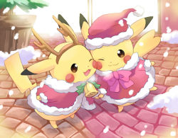 Rule 34 | bell, blush, brown eyes, cheek-to-cheek, christmas, clothed pokemon, commentary request, creatures (company), fur trim, game freak, gen 1 pokemon, hairband, hat, heads together, long sleeves, nintendo, no humans, one eye closed, open mouth, pikachu, plant, pokemon, pokemon (creature), potted plant, santa hat, shakeko (shake5), smile, snow, snowing, standing, tongue