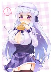 Rule 34 | 1girl, azur lane, blush, breasts, bursting breasts, button gap, collared shirt, commission, conet510, cygnet (azur lane), food, frilled skirt, frills, garter straps, hat, highres, holding, holding food, large breasts, long hair, long sleeves, neck ribbon, purple eyes, ribbon, school uniform, shirt, simple background, skeb commission, skirt, solo, thighhighs, white hair