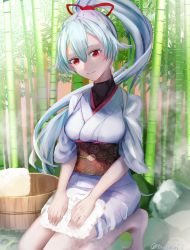 Rule 34 | 1girl, bamboo, bamboo forest, bucket, fate/grand order, fate (series), forest, hair ribbon, head tilt, highres, japanese clothes, kimono, kneeling, long hair, looking at viewer, nature, obi, ponytail, red eyes, red ribbon, ribbon, sash, short kimono, silver hair, smile, solo, tomoe gozen (fate), tsujieiri, very long hair