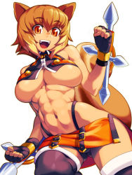 Rule 34 | 1girl, abs, animal ears, bad id, bad pixiv id, blazblue, breasts, brown eyes, brown hair, large breasts, makoto nanaya, metata, navel, orange skirt, revealing clothes, revision, short hair, simple background, skirt, solo, squirrel ears, squirrel tail, tail, thighhighs, toned, underboob, white thighhighs