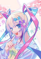 Rule 34 | 1girl, blonde hair, blue bow, blue eyes, blue hair, blue nails, blue shirt, bow, chouzetsusaikawa tenshi-chan, finger to mouth, hair bow, holographic clothing, long hair, long sleeves, looking at viewer, mlrcyc, multicolored hair, multicolored nails, nail polish, needy girl overdose, open mouth, pink bow, pink hair, pink nails, purple bow, quad tails, sailor collar, school uniform, serafuku, shirt, smile, solo, twintails, upper body, very long hair, yellow bow