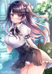 Rule 34 | 1girl, black bow, black hair, black skirt, blurry, blurry background, blush, bow, breasts, brown hair, collared shirt, commentary request, depth of field, frilled panties, frilled skirt, frills, hair bow, hand up, index finger raised, leaning forward, long hair, looking at viewer, medium breasts, menu board, mitsuba choco, original, panties, parted lips, pink bow, pink panties, puffy short sleeves, puffy sleeves, purple eyes, see-through, see-through sleeves, shirt, short sleeves, skirt, solo, striped, striped bow, two side up, underwear, very long hair, white bow, white shirt