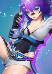 Rule 34 | 1girl, absurdres, aqua nails, bandaid, bandaid on face, bandaid on nose, belt, black gloves, black leotard, blue belt, commentary, cowboy shot, denim, denim shorts, english commentary, fingerless gloves, gloves, hair ornament, highres, hood, hood down, hooded jacket, indie virtual youtuber, jacket, leotard, looking at viewer, melody (projektmelody), multicolored hair, nail polish, open mouth, ponytail, purple belt, purple hair, shio bd, short shorts, shorts, sidelocks, solo, streaked hair, tongue, tongue out, triangle hair ornament, two-tone hair, virtual youtuber, vshojo, white hood, white jacket, white shorts