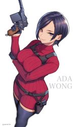 Rule 34 | 1girl, ada wong, arm under breasts, black eyes, black gloves, black hair, black thighhighs, bob cut, breasts, character name, closed mouth, curtained hair, gloves, gun, half gloves, handgun, highres, holding, holding gun, holding weapon, holster, holstered, large breasts, long sleeves, looking at viewer, mauser c96, meme50, parted bangs, red sweater, resident evil, resident evil 4, resident evil 4 (remake), short hair, shoulder holster, smile, solo, sweater, thighhighs, turtleneck, turtleneck sweater, twitter username, weapon, white background