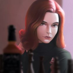 Rule 34 | 1girl, alcohol, bad id, bad vkontakte id, black sweater, blurry, blurry foreground, bottle, brown eyes, brown hair, chess piece, elizabeth harmon, hand in own hair, jack daniel&#039;s, lem, looking at viewer, medium hair, realistic, solo, sweater, the queen&#039;s gambit, turtleneck