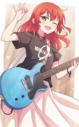 Rule 34 | 1girl, ;d, arm up, black shirt, bocchi the rock!, e20, electric guitar, green eyes, guitar, hair between eyes, highres, holding, holding instrument, instrument, kita ikuyo, long hair, looking at viewer, one eye closed, one side up, open mouth, pleated skirt, plectrum, red hair, shirt, short sleeves, skirt, smile, solo, white skirt