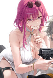 1boy 1girl aiming alternate_costume bare_shoulders blood blood_on_face bracelet breasts caelus_(honkai:_star_rail) cleavage collarbone commentary dress earrings english_commentary eyewear_on_head finger_to_mouth girl_on_top glasses grey_hair groin gun gun_to_head hair_between_eyes handgun highres holding holding_gun holding_weapon holster honkai:_star_rail honkai_(series) jewelry kafka_(honkai:_star_rail) large_breasts long_hair looking_at_another nail_polish o-ring_dress parted_lips pince-nez purple-tinted_eyewear purple_eyes purple_hair purple_nails roha round_eyewear shirt shushing side_slit sidelocks simple_background solo_focus sunglasses thigh_holster tinted_eyewear trailblazer_(honkai:_star_rail) weapon white_background white_dress white_shirt