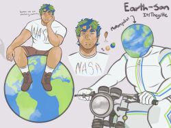 Rule 34 | 1boy, artist request, bara, bored, collage, cropped torso, earth-chan, earth-san, earth (planet), earth day, english text, expressionless, facial hair, full body, genderswap, genderswap (ftm), giant, giant male, green hair, highres, lip piercing, male focus, multicolored hair, muscular, muscular male, nasa, object head, on motorcycle, original, pectorals, piercing, planet, print shirt, shirt, short hair, short shorts, shorts, sideburns stubble, sparse stubble, straight-on, stubble, t-shirt, thick eyebrows, two-tone hair
